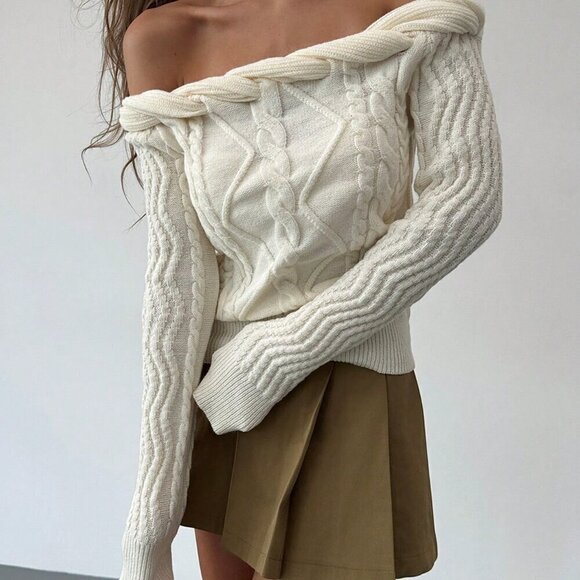 Beige Casual Women's Unique Sexy Twist Knot Off-Shoulder Design Sweater - Picture 1 of 7
